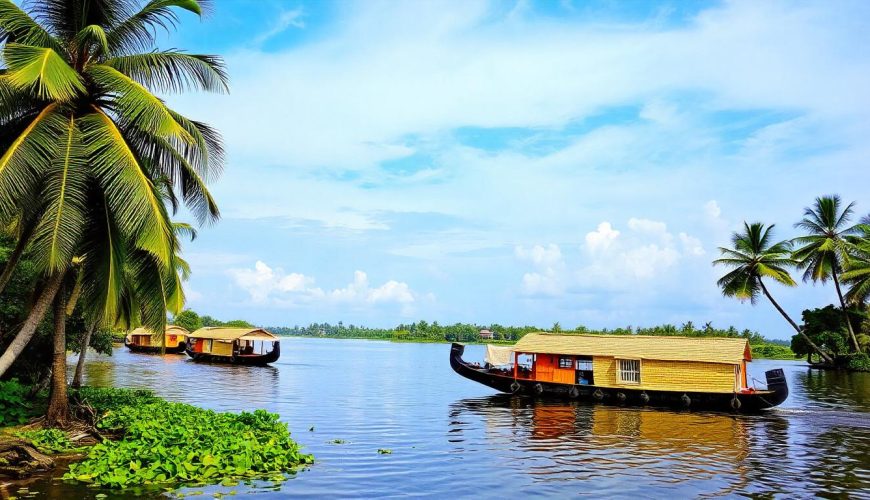 Traditional houseboat cruising through the backwaters of Kuttanad