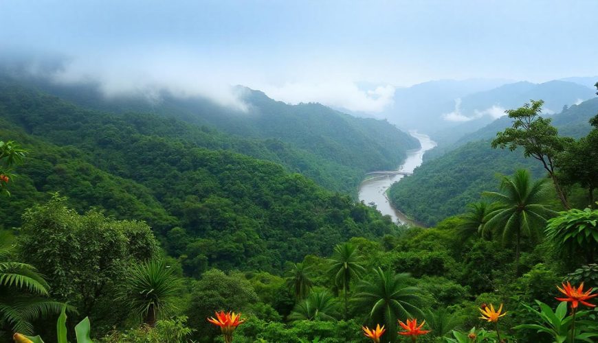 Silent Valley National Park lush tropical rainforest with mist-covered hills and flowing river in Kerala, Western Ghats.