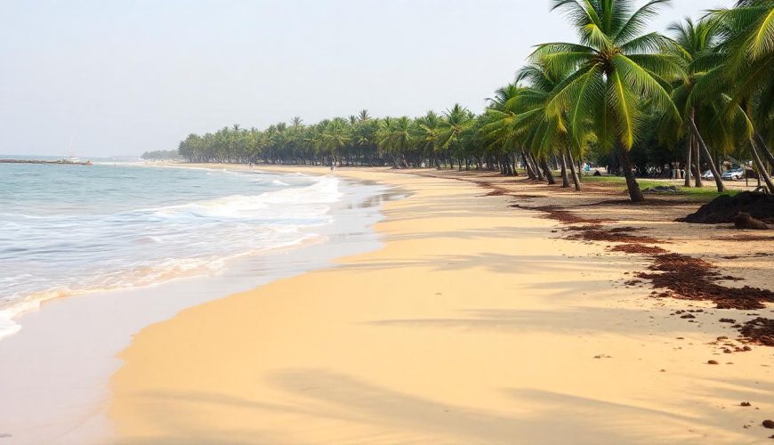 Scenic view of Cherai Beach with golden sands, clear waters, and traditional Chinese fishing nets.