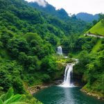 A breathtaking view of a waterfall in Kerala, surrounded by lush greenery, showcasing the beauty of nature.