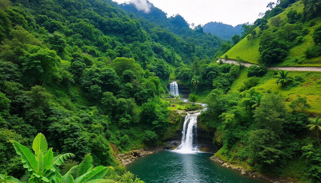 A breathtaking view of a waterfall in Kerala, surrounded by lush greenery, showcasing the beauty of nature.