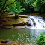 Panoramic view of Sabarimala Temple nestled amidst green hills, with serene Perunthenaruvi Waterfalls in the distance and lush forests around.