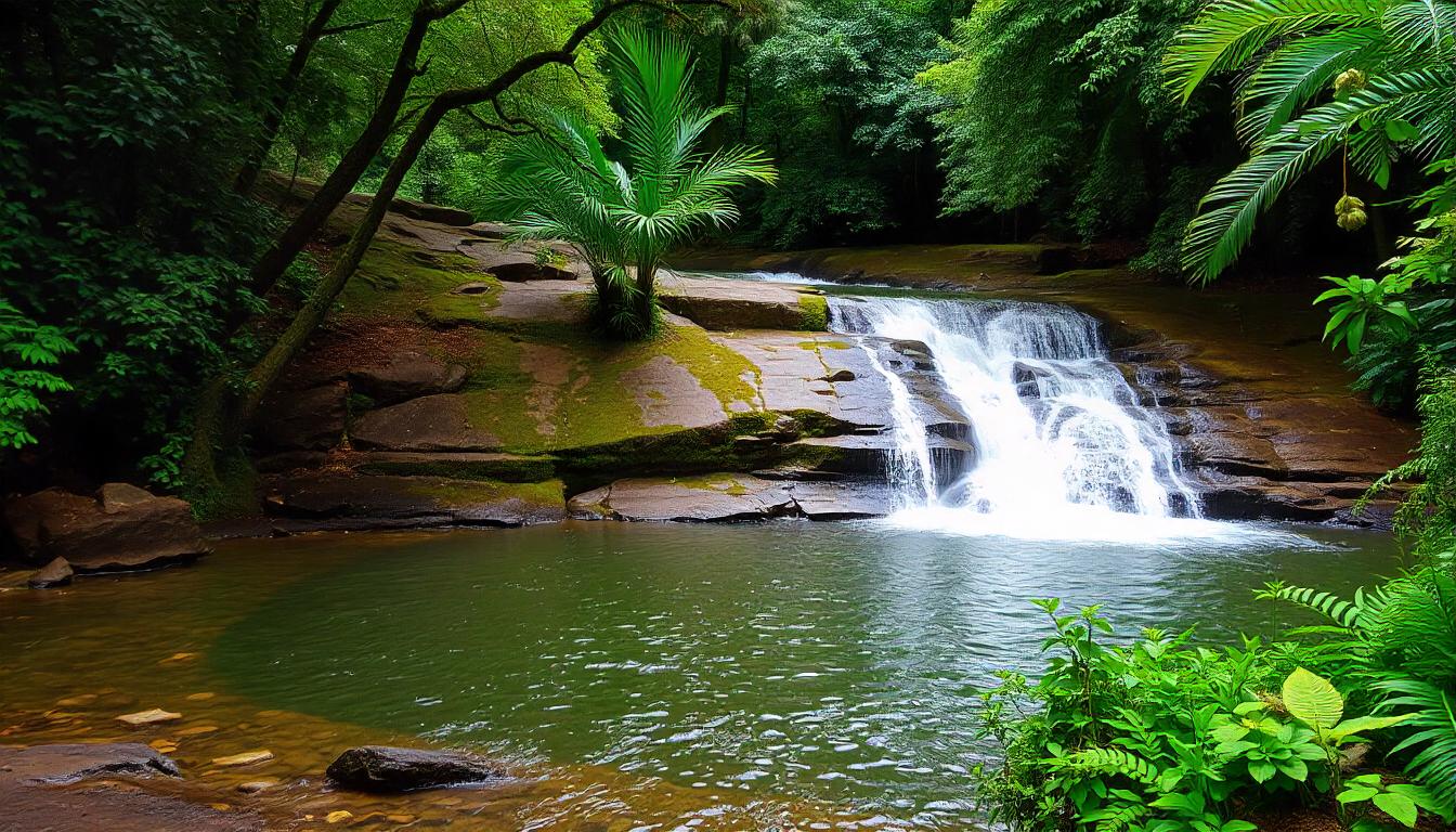 Panoramic view of Sabarimala Temple nestled amidst green hills, with serene Perunthenaruvi Waterfalls in the distance and lush forests around.