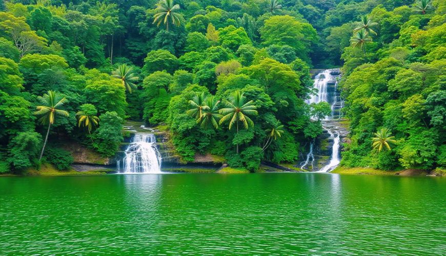 Scenic view of Thenmala eco-tourism destination in Kerala, surrounded by lush greenery and serene landscapes.