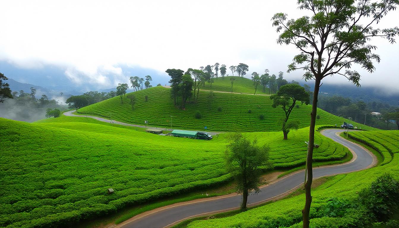 Peermade hill station surrounded by lush green plantations and misty mountains in Kerala