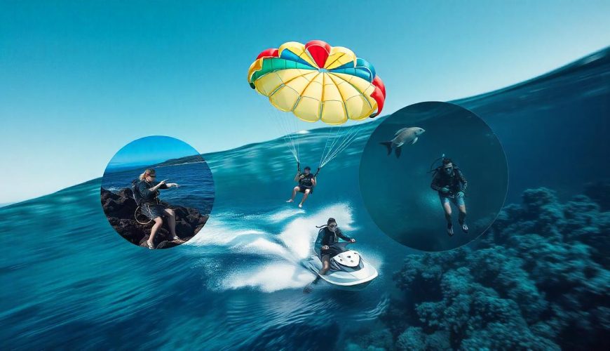 Adventure Activities - Small icons of parasailing, jet-skiing, or scuba diving to represent adventure.