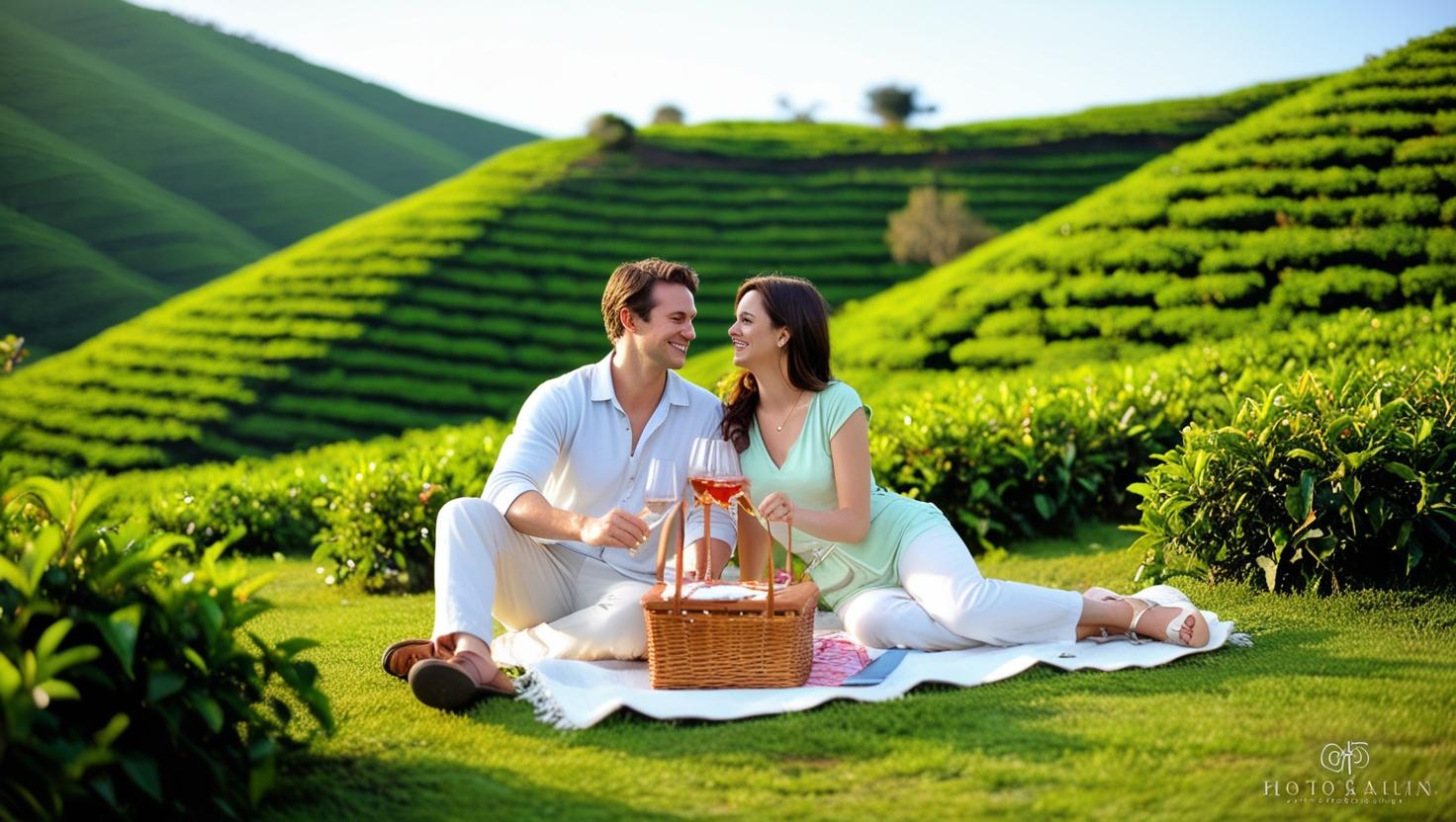 A serene view of Munnar's lush green tea plantations with misty hills in the background under a cloudy sky.