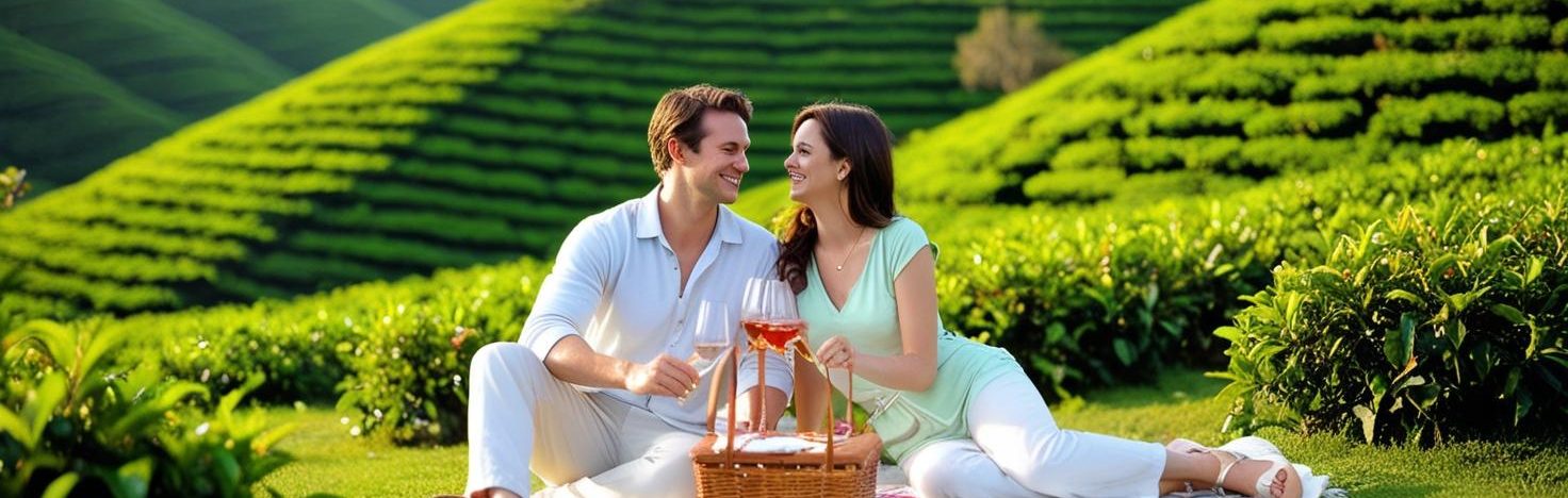 Kerala Tour Packages: A serene view of Munnar's lush green tea plantations with misty hills in the background under a cloudy sky.