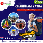 Char Dham Yatra pilgrims walking through misty Himalayan mountains with snow peaks in background