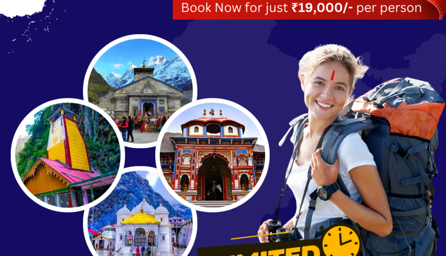 Char Dham Yatra pilgrims walking through misty Himalayan mountains with snow peaks in background