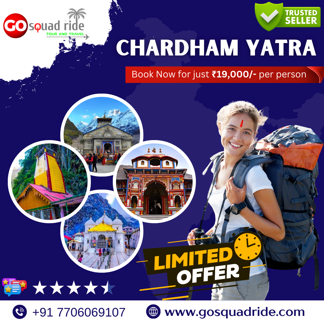 Char Dham Yatra pilgrims walking through misty Himalayan mountains with snow peaks in background