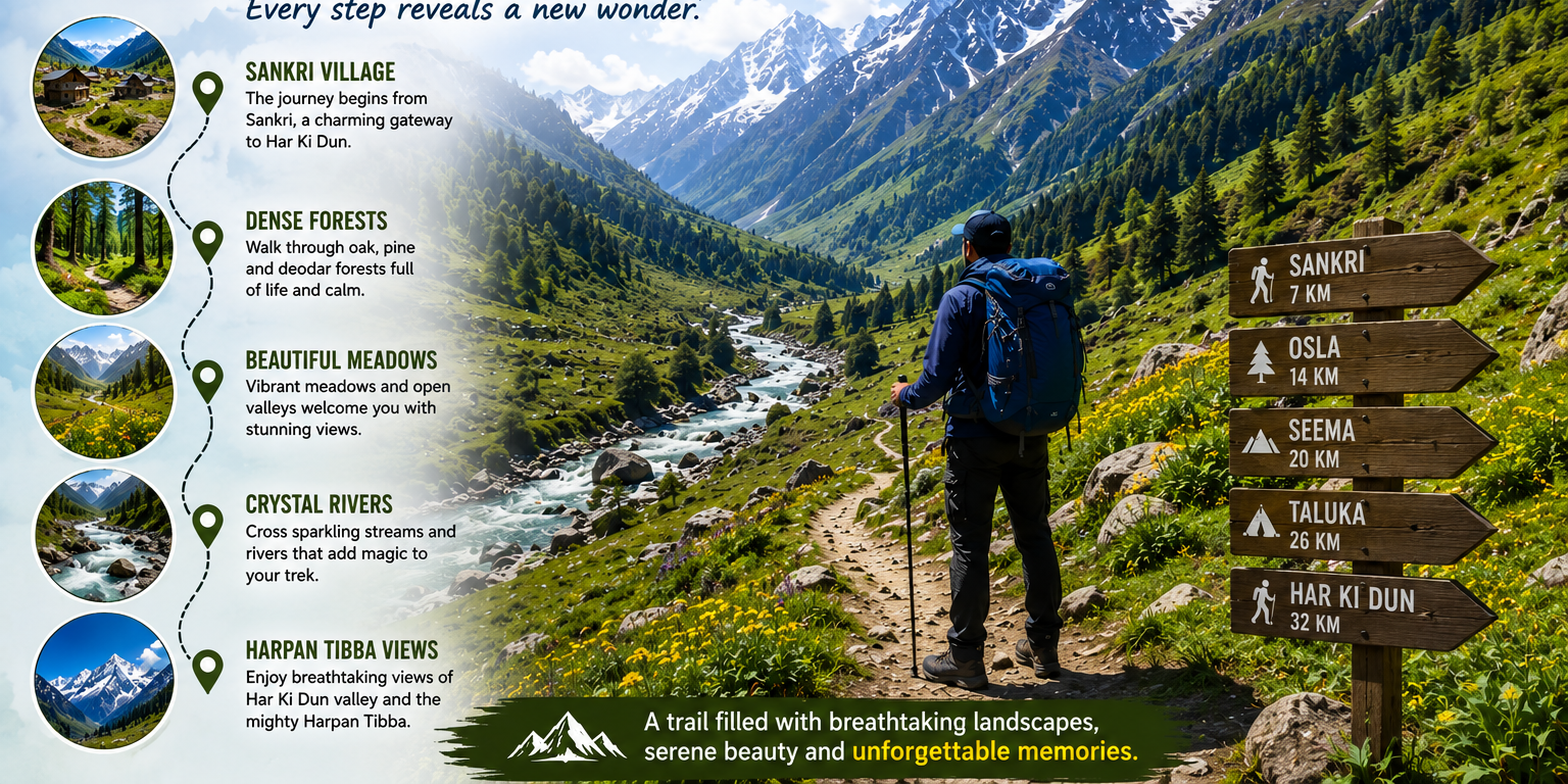 The Har Ki Dun Trek starts from Sankri village. Then, the trail moves through beautiful valleys. Meanwhile, trekkers enjoy vibrant meadows and forests. After that, ancient villages come into view. Consequently, every step reveals a treasure of the mountains.