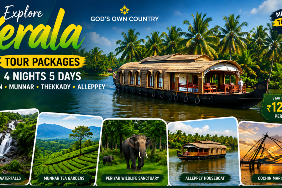 Kerala Tour Package 4 Nights 5 Days with Munnar, Thekkady, Alleppey Houseboat, Private AC Cab, Deluxe Hotels and Cochin Sightseeing by Go Squad Ride